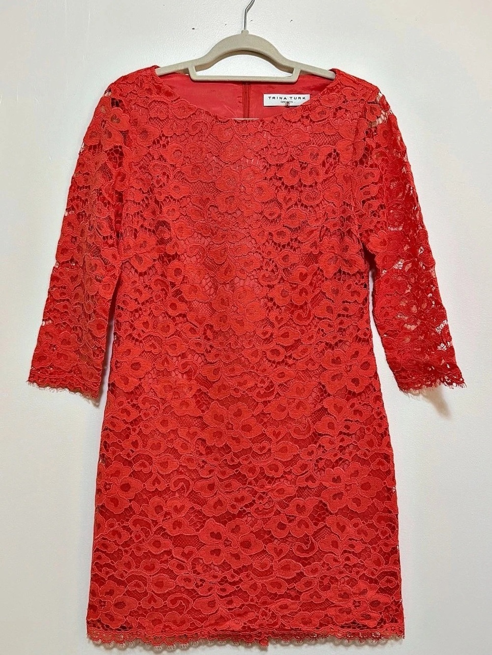 Trina Turk Coral Floral Lace 3/4 Sleeve Shift Dress